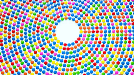 Colorful Frame of multicolored candy dragees. Round Bonbons scattered on white background Top View. Holiday Web banner in shape of circle. Beautiful Festive Background 3d illustrationの写真素材
