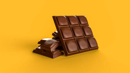 close up Milk chocolate Bar isolated on mustard background Bunch of chocolate pieces 3d illustrationの写真素材