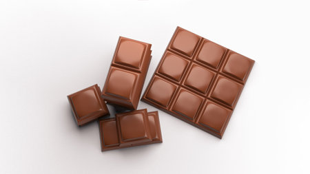 Milk chocolate pieces and Chocolate bar isolated on white background from top view 3d illustrationの写真素材