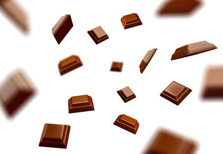 Chocolate broken into pieces in the air on a white background Milk chocolate pieces on white isolatedchocolate. Clipping Path Image stack Full depth of field macro shot 3d illustration 3d renderingの写真素材