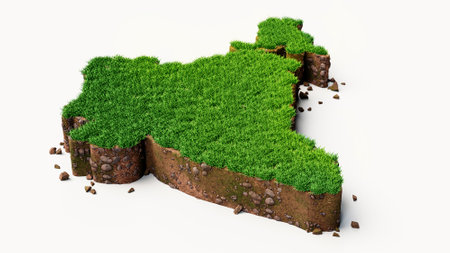 Detailed India Map with green Grass and soil mud 3d illustration