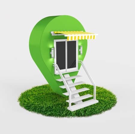 Organic shop, selling fruits vegetables. 3d illustration Grass soil slice. Isolated on white backgroundの写真素材