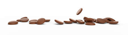 Round Chocolate Chips Falling on white isolated floor 3d illustrationの写真素材