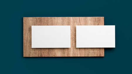 Business cards blank mockup top view, on wooden sheet and Dark Blue background 3d illustration