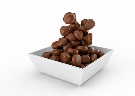 Chocolate Chips Falling filling on Square bowl isolated on white background 3d illustrationの写真素材