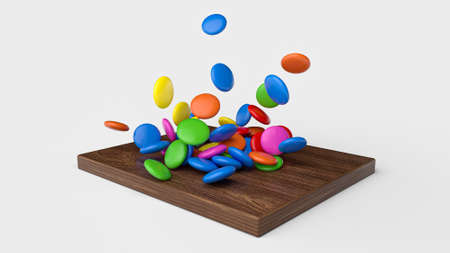 Rainbow Coated Candies Falling on Wooden tray board 3d illustration