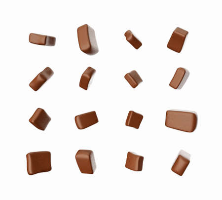 Chocolate Chunks and pieces falling on white background 3d illustration