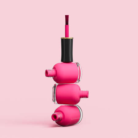 Nail polish stacked bottles isolated on pink background 3d illustrationの写真素材