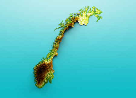 Norway Map Shaded relief Color Height map on the sea Blue Background 3d illustration
