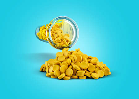 Yellow granules of polypropylene or polyamide in test tube. background. Plastics and polymers industry. Monochrome 3d illustrationの写真素材