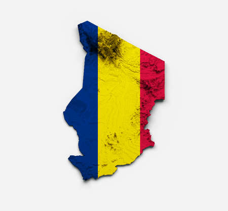 Chad Map Chad Flag Shaded relief Color Height map on white Background 3d illustrationの写真素材