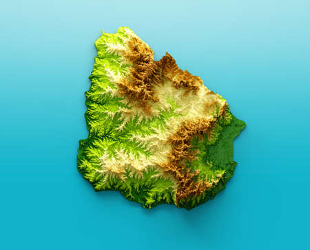 Uruguay Map Shaded relief Color Height map on the sea Blue Background 3d illustrationの写真素材