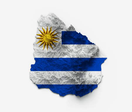Uruguay Map Uruguay Flag Shaded relief Color Height map on white Background 3d illustrationの写真素材