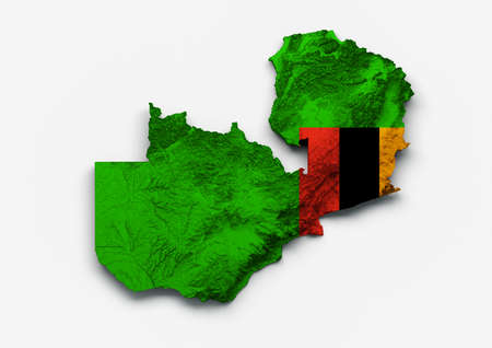 Zambia Map Zambia Flag Shaded relief Color Height map on white Background 3d illustrationの写真素材