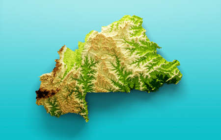 Burkina Faso Map Shaded relief Color Height map on the sea Blue Background 3d illustrationの写真素材