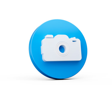 Blue camera icon on Circular button white background, perfect for web icons, app icons 3d illustrationの写真素材
