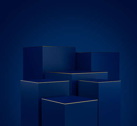 Abstract blue and gold geometric podiums, luxury concept background. 3d illustrationの写真素材