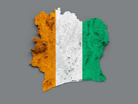 Ivory Coast Map CÃ´te d'Ivoire Flag Shaded relief Color Height map on white Background 3d illustrationの写真素材