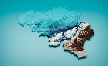 Topographic Belgium Map Hypsometric Belgium Elevation tint Spectral Shaded relief map 3d illustrationの写真素材