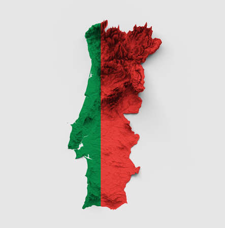 Portugal Map Portugal Flag Shaded relief Color Height map on white Background 3d illustrationの写真素材