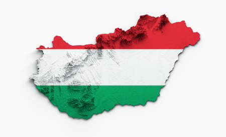 Hungary Map Hungary Flag Shaded relief Color Height map on white Background 3d illustrationの写真素材