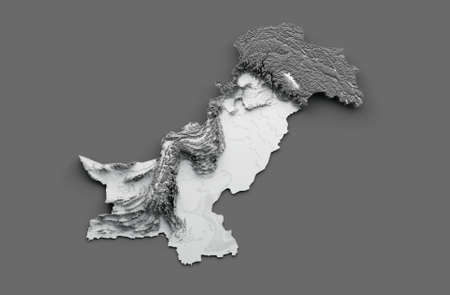 Pakistan Map Pakistani Flag Shaded relief Color Height map on white Background 3d illustrationの写真素材