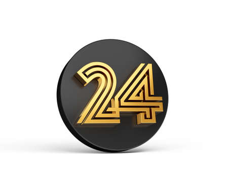 Royal Gold Modern Font. Elite 3D Digit Letter 24 twenty four on Black 3d button icon 3d Illustration