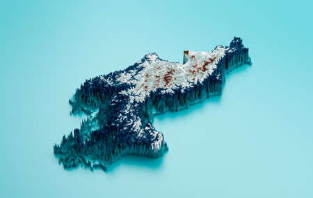 Topographic North Korea Map Hypsometric Elevation tint Spectral Shaded relief map 3d illustration