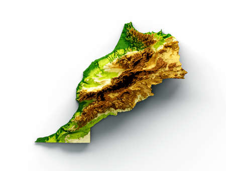 Morocco Map Shaded relief Color Height map on the sea Blue Background 3d illustrationの写真素材