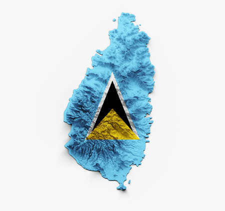 Saint Lucia Map Flag Shaded relief Color Height map on white Background 3d illustrationの写真素材