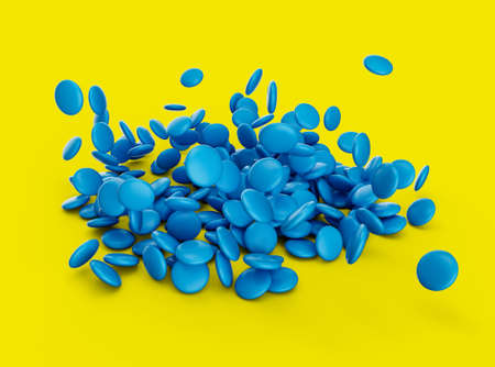 Rainbow Blue Colored Candy Coated Chocolate Buttons Falling on Yellow background 3d illustration