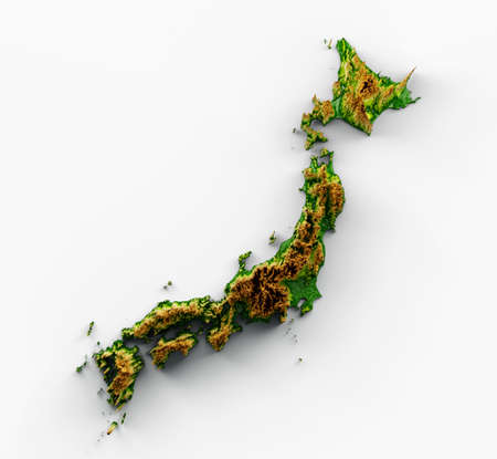 Japan Map Shaded relief Color Height map on White Background 3d illustrationの写真素材
