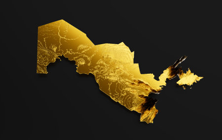 Uzbekistan Map Golden metal Color Height map on Black Background 3d illustration