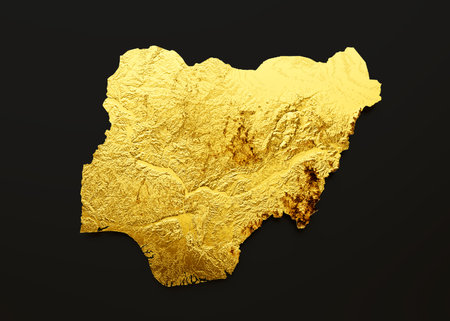 Nigeria Map Golden metal Color Height map on Black Background 3d illustrationの写真素材