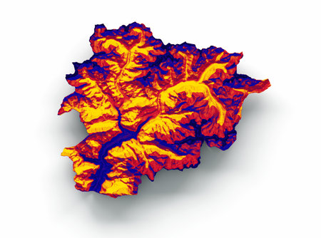 Andorra map with the flag Colors Red and yellow Shaded relief map 3d illustrationの写真素材
