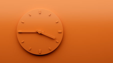 Minimal Orange clock 3:45 o clock quarter to Four abstract Minimalist wall clock 3d Illustrationの写真素材