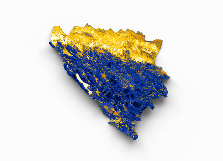 Bosnia and Herzegovina map with the flag Colors Blue and yellow Shaded relief map 3d illustrationの写真素材