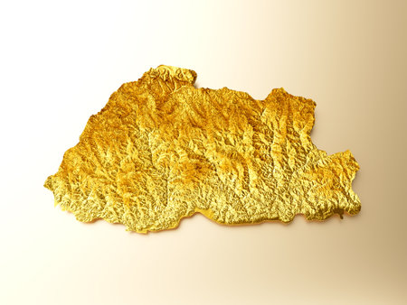 Bhutan Map Golden metal Color Height map Background 3d illustrationの写真素材