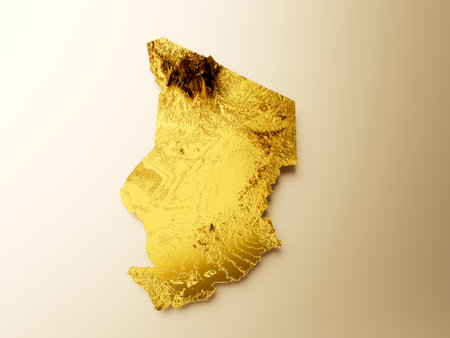 Chad Map Golden metal Color Height map Background 3d illustrationの写真素材
