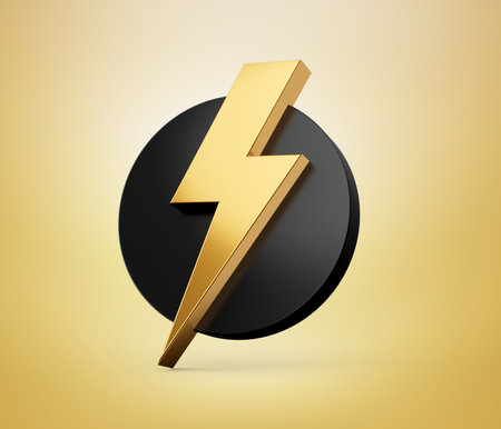 Thunderbolt Logo Design in a Black Circle 3d illustrationの写真素材