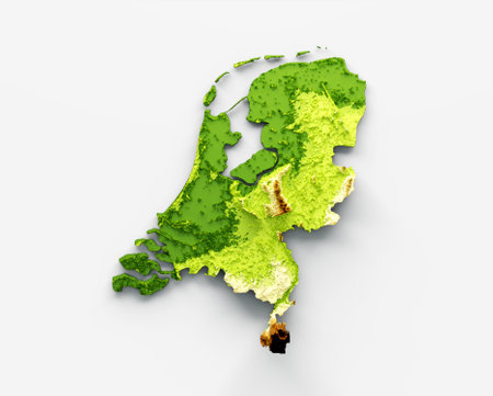 Netherlands Map Shaded relief Color Height map on the sea Blue Background 3d illustrationの写真素材