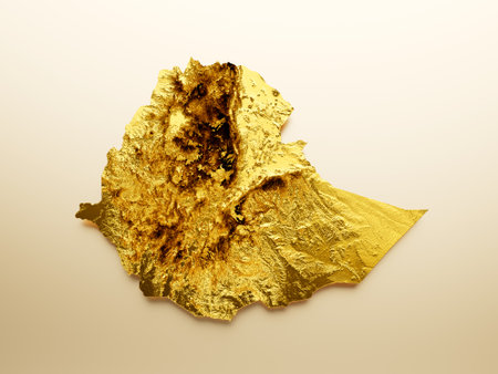 Ethiopia Map Golden metal Color Height map Background 3d illustrationの写真素材