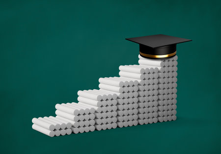 Steps to graduation cap on green chalkboard, Chalks stairs stacking 3d illustrationの写真素材