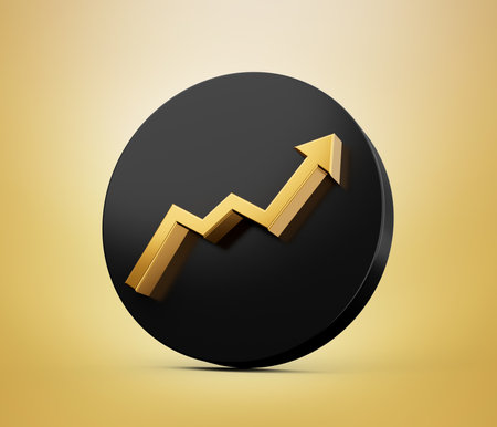 Gold arrow Growth Sign with black circle on White Background, 3D illustrationの写真素材