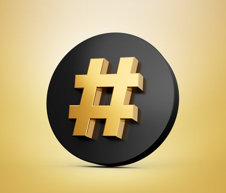 Gold Hashtag Sign with black circle on White Background, 3D illustration