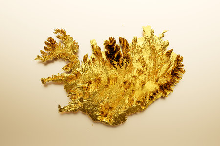 Iceland Map Golden metal Color Height map Background 3d illustrationの写真素材