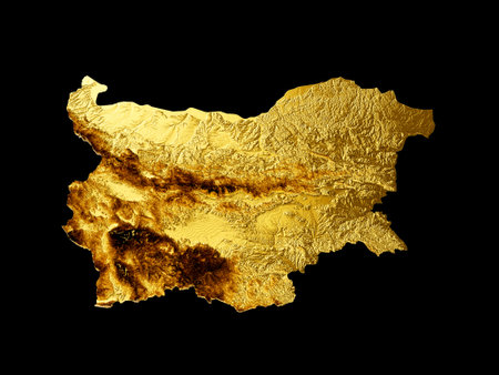 Bulgaria Map Golden metal Color Height map Background 3d illustrationの写真素材