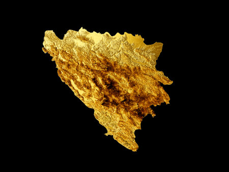 Bosnia Map Golden metal Color Height map Background 3d illustrationの写真素材