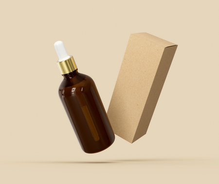 Dropper bottle with cardboard packaging box mockup with mockup isolated background. 3d illustrationの写真素材