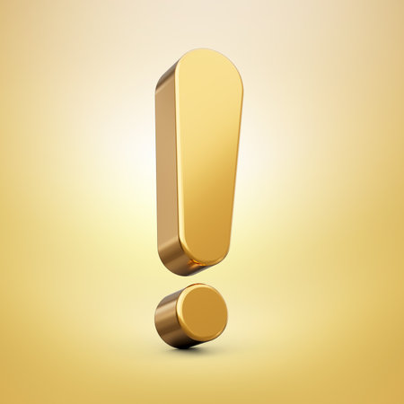 Gold exclamation mark , isolated on Golden background 3d illustrationの写真素材